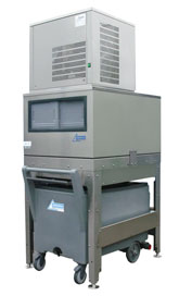 375kg tropical ice machine on 150kg elevated bin and cart system